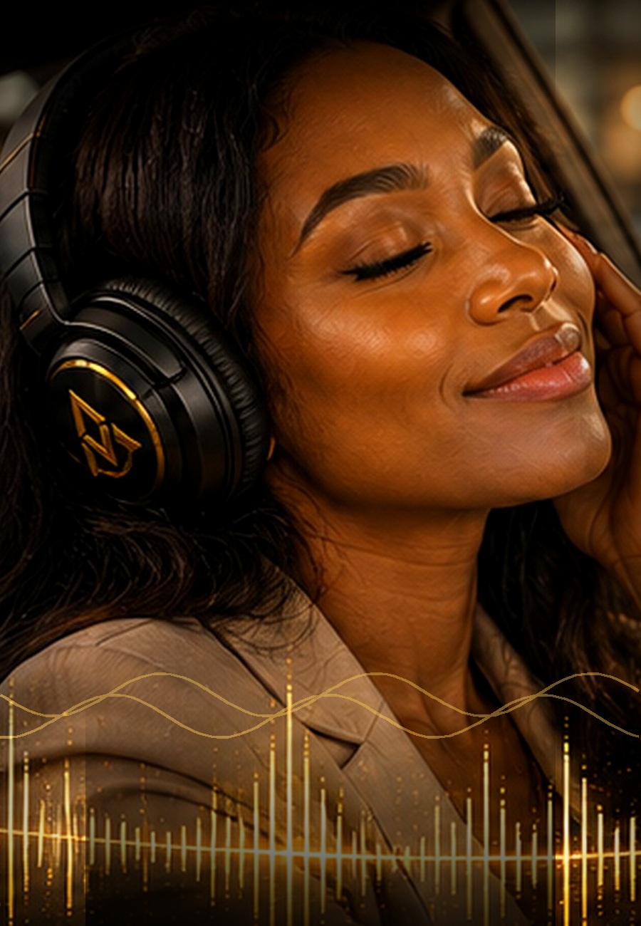 Smiling dealership customer listening to a personalized thank-you song in a vehicle