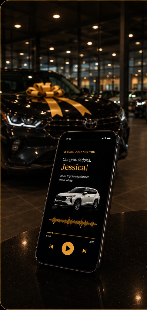 Personalized post-sale appreciation song playing on a phone inside a luxury dealership showroom