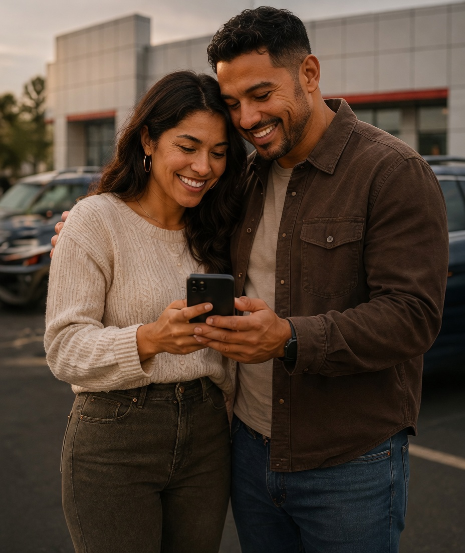 Smiling couple viewing a personalized appreciation message near a dealership