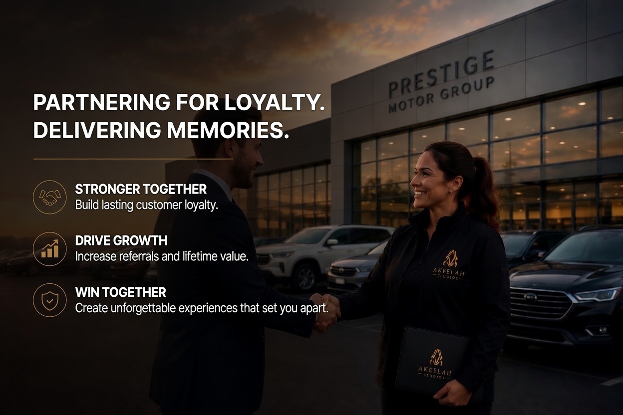 Akeelah Studios representative partnering with a dealership professional outside a dealership